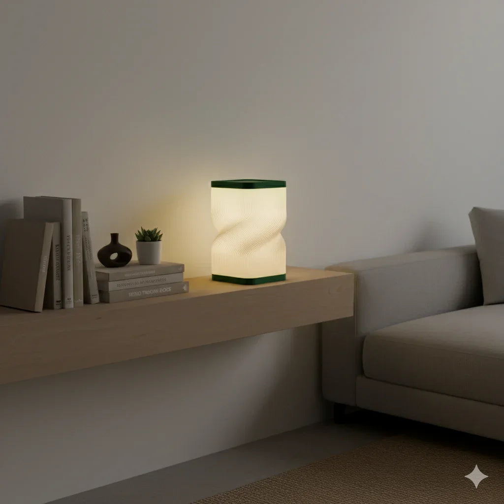 Lampe Void Torsion, torsade géométrique imprimée en 3D, lumière diffuse et élégante | Void Torsion lamp, twisted 3D printed geometric design with elegant soft lighting