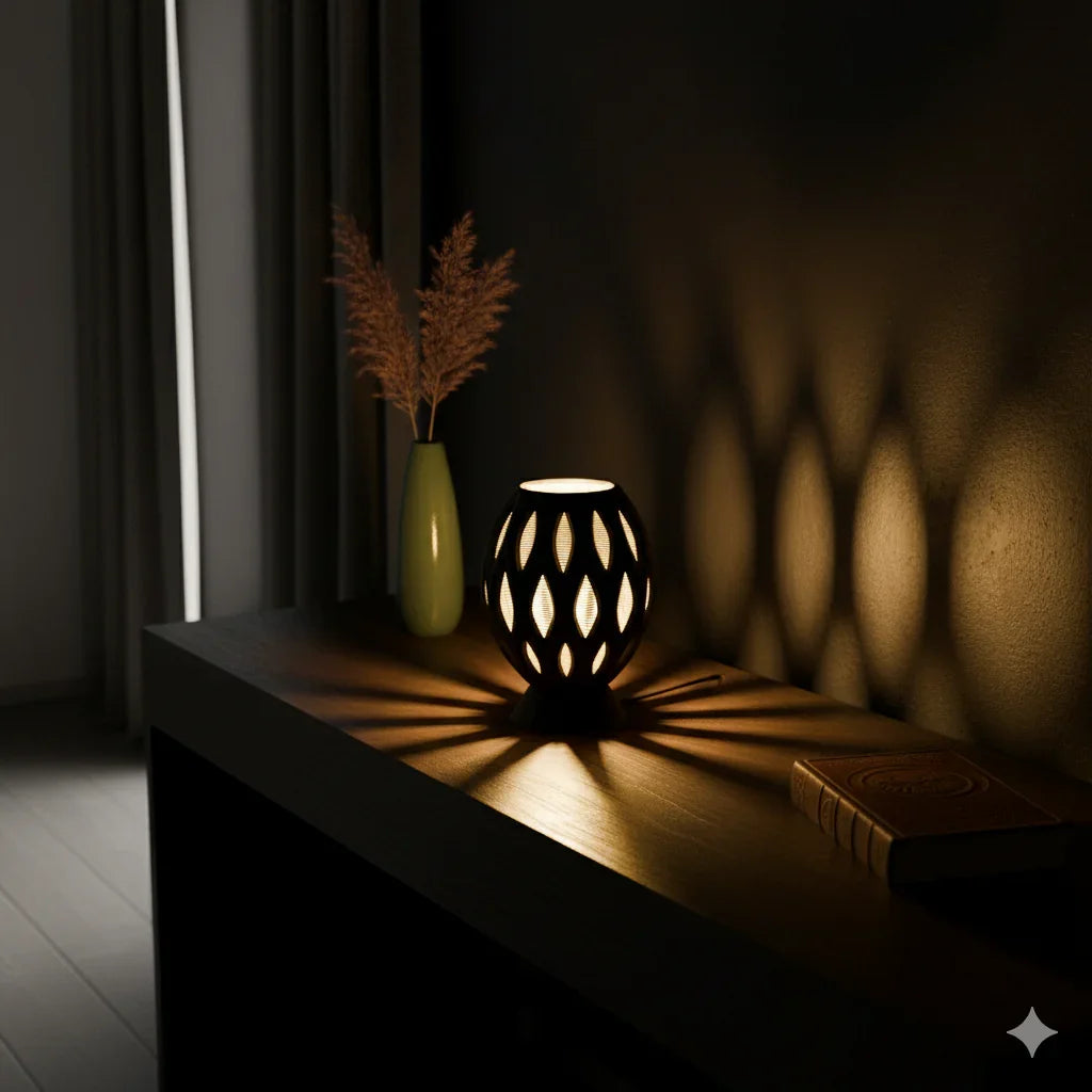 Lampe Void Umbra, structure ajourée et jeu d’ombres captivant, design artistique The Void Forge | Void Ombra lamp, artistic openwork 3D structure casting elegant shadows by The Void Forge