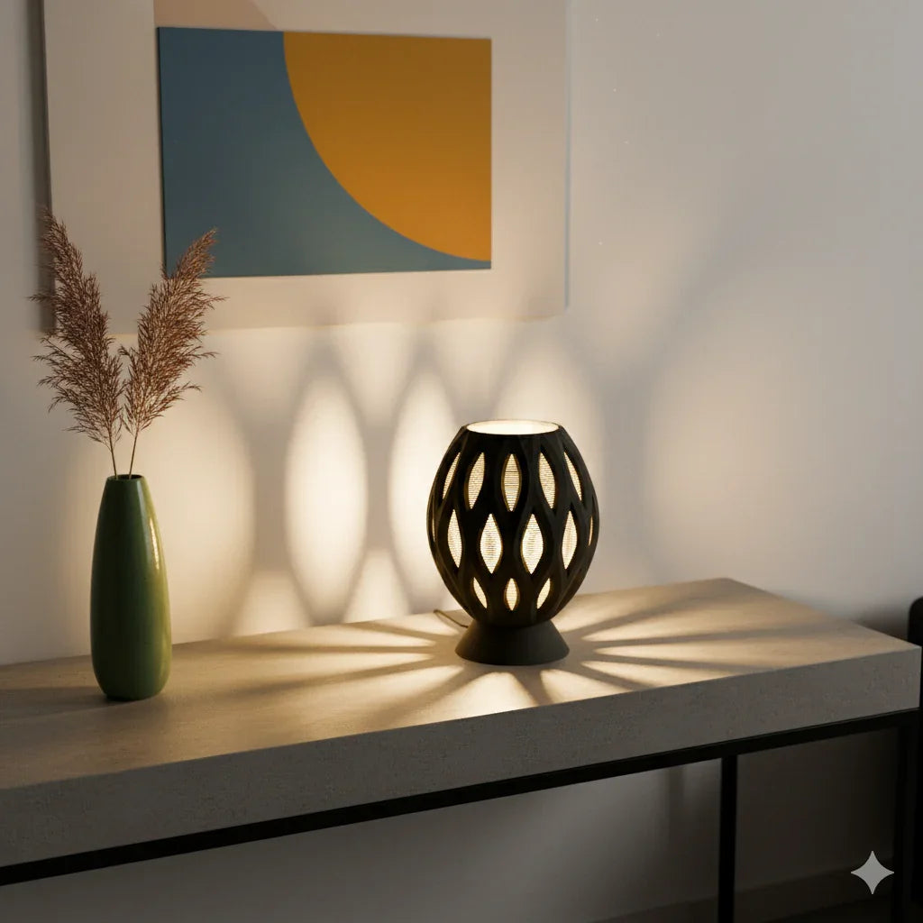 Lampe Void Umbra, structure ajourée et jeu d’ombres captivant, design artistique The Void Forge | Void Ombra lamp, artistic openwork 3D structure casting elegant shadows by The Void Forge