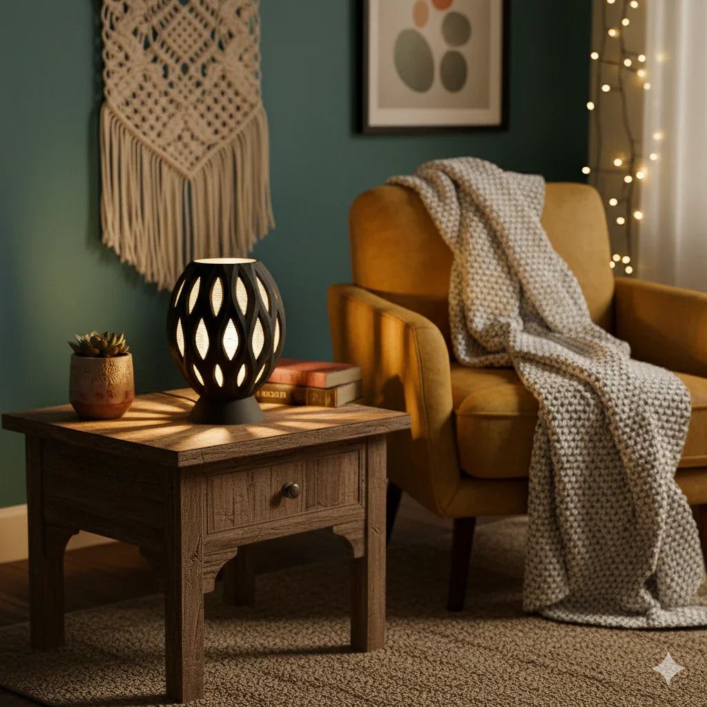 Lampe Void Umbra, structure ajourée et jeu d’ombres captivant, design artistique The Void Forge | Void Ombra lamp, artistic openwork 3D structure casting elegant shadows by The Void Forge