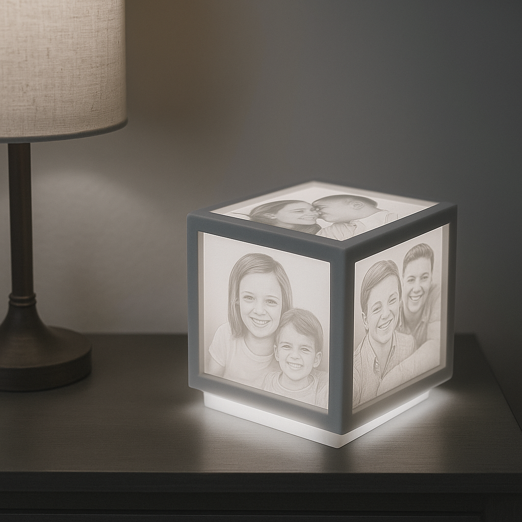 Cadre lithophane rotatif 3D The Void Forge, lampe lumineuse affichant des portraits familiaux en relief et souvenir artistique.