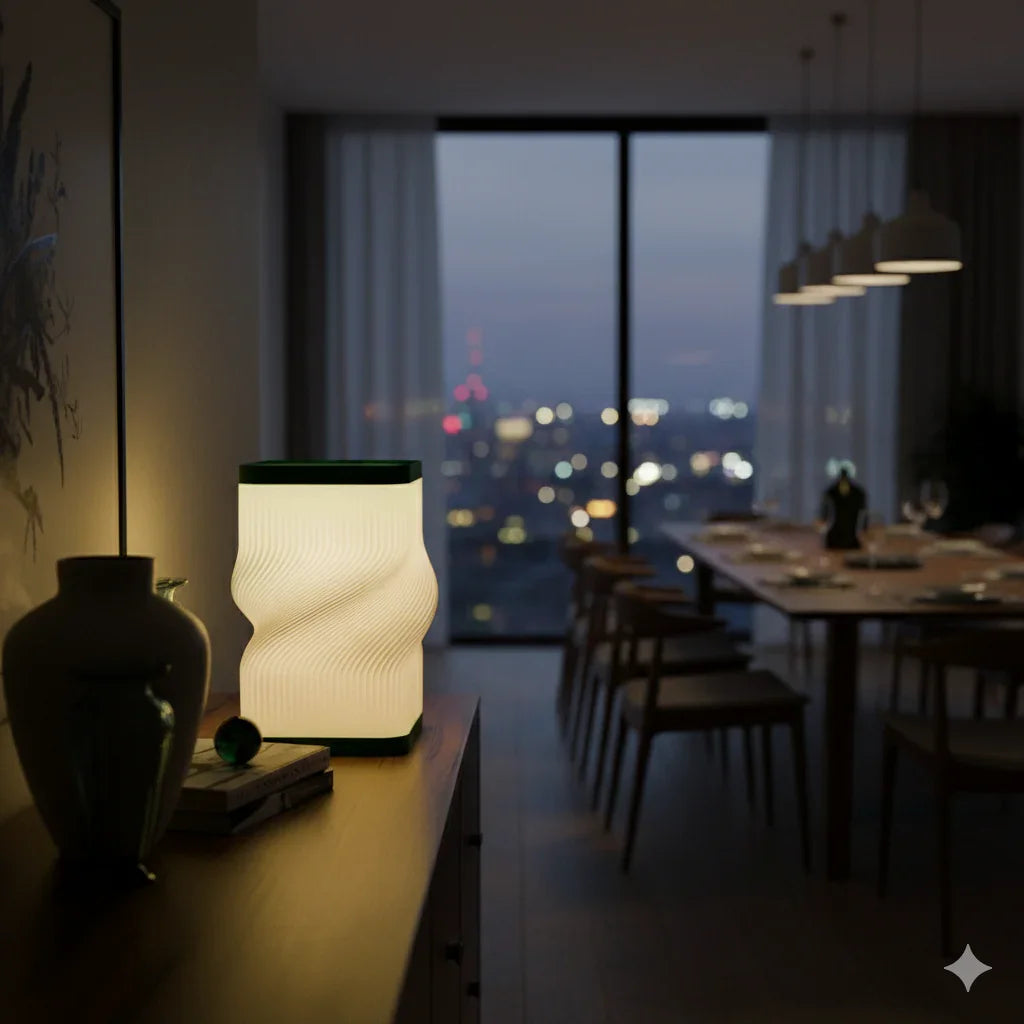 Lamp on a table with a cityscape view through a window in the background
