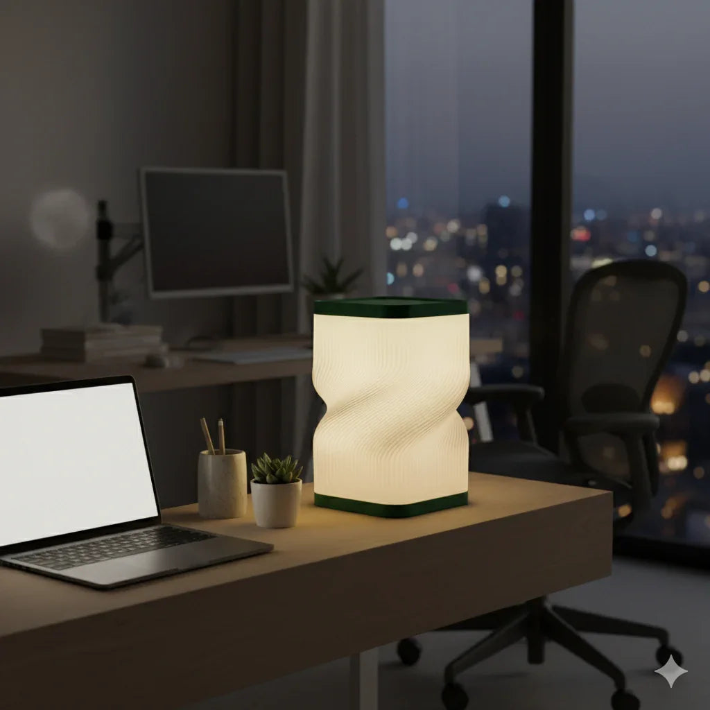 Lamp on a desk with a cityscape view at night