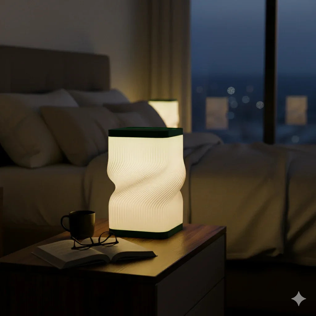 Decorative lamp on a nightstand in a bedroom with a blurred cityscape view.